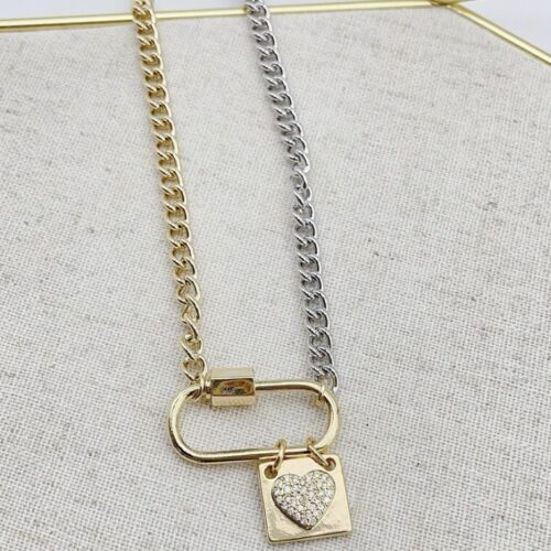 Two Tone Crystal Heart Clip Necklace