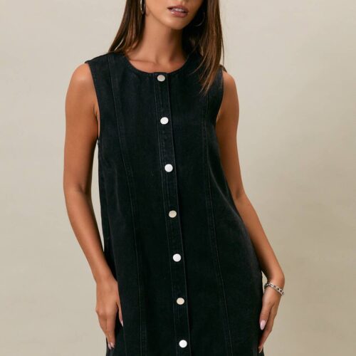 SLEEVELESS ROUND NECK BUTTON DOWN DENIM MINI DRESS: WASHED BLACK, M