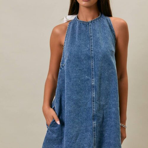 HALTER NECK SLEEVELESS DENIM DRESS: DENIM, XS
