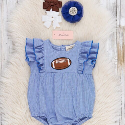 Blue Stripe Cotton Embroidered Football Ruffle Bubble: 0/3MOS
