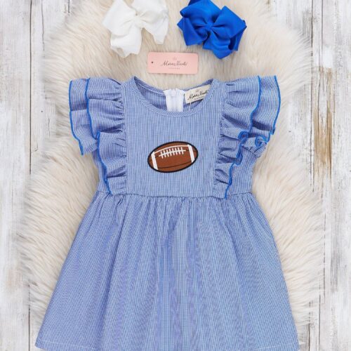 Blue Stripe Cotton Embroidered Football Ruffle Dress