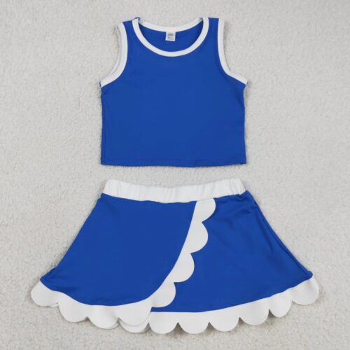 Girls Blue Shirt/Skorts White Scallop Yoga Active Clothes Set