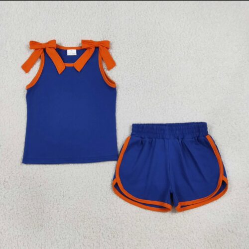 Girls Blue Cotton Team Orange Bows Shirt Shorts Set