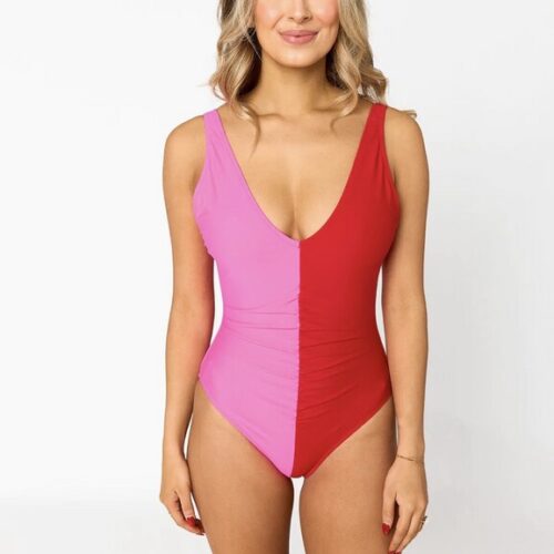 HOT PINK/RED COLOR BLOCK ONE-PIECE SWIMSUIT
