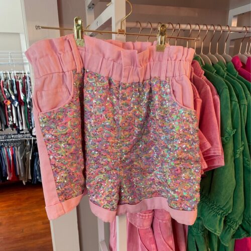 Sequin Color Block Paper Bag Denim Shorts