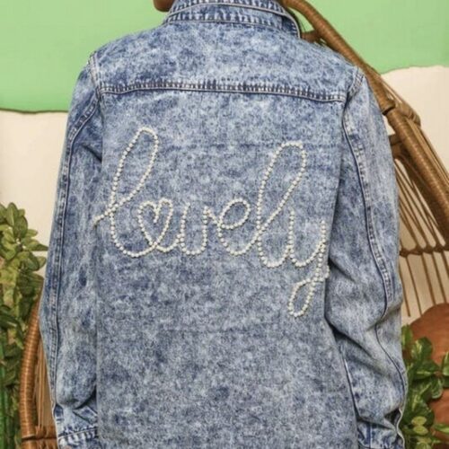 Washed Denim Jacket with "Lovely" Pearl Lettering on the Back