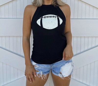 Distressed Football Black Mock Neck Tank