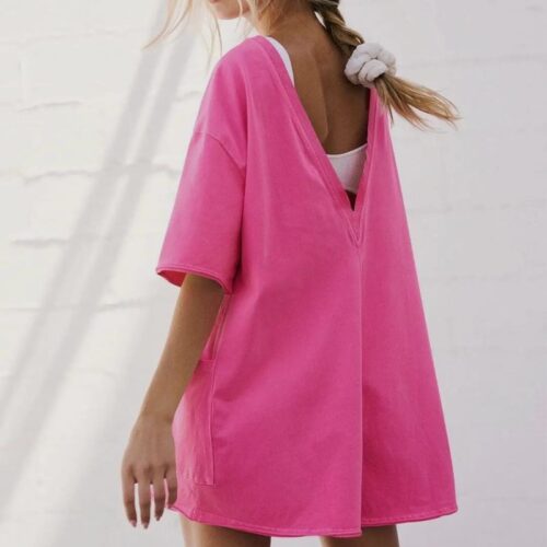 Pink Solid Color Short Sleeves Romper
