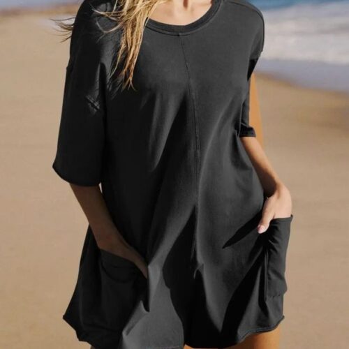 Black Solid Color Short Sleeves Romper